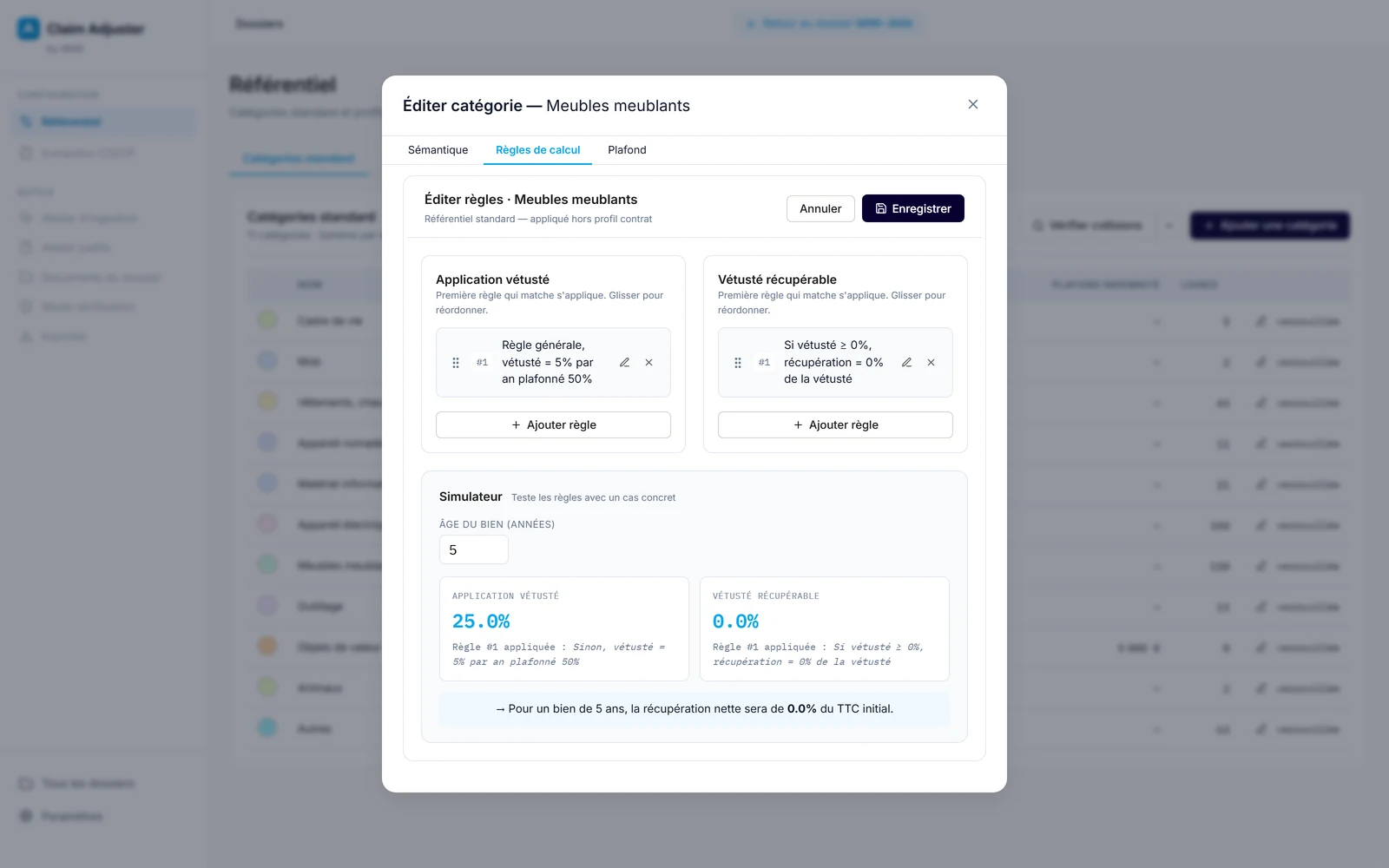 Éditeur des règles d'une catégorie : barème de vétusté annuel plafonné, règle de vétusté récupérable, et simulateur affichant le taux obtenu pour un bien de cinq ans.